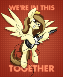 Size: 2112x2612 | Tagged: safe, artist:moonatik, oc, oc only, oc:prince whateverer, pegasus, pony, abstract background, crown, electric guitar, flying, guitar, high res, jewelry, looking at you, male, musical instrument, pegasus oc, regalia, solo, spread wings, stallion, text, wings