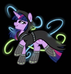 Size: 768x799 | Tagged: safe, artist:sjart117, twilight sparkle, pony, unicorn, ask the mane 12, g4, boots, cloak, clothes, cyberpunk, ear piercing, earring, jewelry, mage, permission given, piercing, shoes