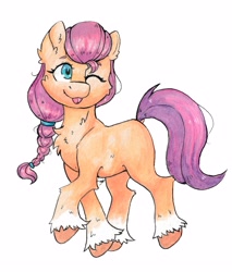 Size: 2722x3196 | Tagged: safe, artist:lightisanasshole, sunny starscout, earth pony, pony, g5, ;p, female, high res, one eye closed, simple background, smiling, solo, tongue out, traditional art, watercolor painting, white background