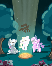 Size: 876x1095 | Tagged: safe, artist:malachimoet, diamond tiara, dinky hooves, princess luna, silver spoon, breezie, earth pony, pony, unicorn, equestriabound, g4, crossover, earthbound, fanart, foal, meteor, night, poster