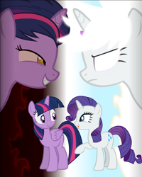 Size: 960x1200 | Tagged: safe, artist:agrol, rarity, twilight sparkle, alicorn, demon, pony, unicorn, animation:the god of ponies, the princess of evil, g4, civil war, friends become enemies, good vs evil, movie poster, possessed, twilight sparkle (alicorn)