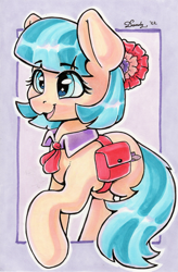 Size: 1759x2684 | Tagged: safe, artist:dandy, coco pommel, earth pony, pony, g4, bag, cocobetes, copic, cute, female, flower, flower in hair, mare, marker drawing, open mouth, saddle bag, signature, solo, traditional art