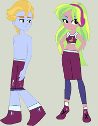 Size: 452x580 | Tagged: safe, artist:matthewjabeznazarioa, lemon zest, lemonade blues, human, equestria girls, g4, crossover, exeron fighters, exeron outfit, female, male, martial arts kids, midriff, shipping, straight, zestblue