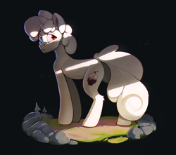 Size: 1388x1229 | Tagged: safe, artist:rexyseven, oc, oc only, pony, unicorn, butt, gray background, horn, male, plot, red eyes, solo, stallion, unicorn oc, white coat, white mane