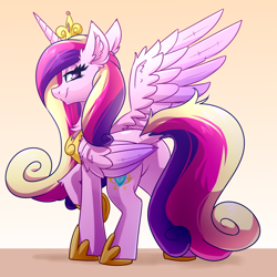 Size: 4000x4000 | Tagged: safe, artist:witchtaunter, princess cadance, alicorn, pony, canterlot wedding 10th anniversary, g4, absurd resolution, beautiful, butt, chest fluff, commission, commissioner:reversalmushroom, crown, dock, ear fluff, female, gradient background, hoof shoes, jewelry, lidded eyes, looking at you, looking back, looking back at you, lovebutt, one wing out, plot, rear view, regalia, smiling, smiling at you, solo, tail, wings