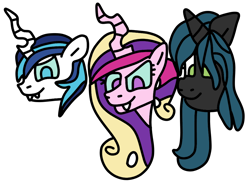 Size: 990x740 | Tagged: safe, artist:icicle-niceicle-1517, artist:jadeharmony, color edit, edit, princess cadance, queen chrysalis, shining armor, changeling, pony, unicorn, canterlot wedding 10th anniversary, g4, alternate hairstyle, changelingified, collaboration, colored, fangs, female, head only, male, mare, ponified, ship:shiningcadance, shipping, simple background, species swap, straight, transparent background, trio