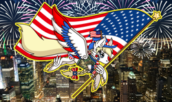 Size: 2844x1700 | Tagged: safe, oc, oc only, oc:star spangle, pegasus, pony, g5, blonde, braid, city, feathered fetlocks, feathered wings, fireworks, flag, hat, new york city, pegasus oc, retro, solo, united states, wings