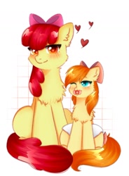 Size: 1553x2109 | Tagged: safe, artist:vaiola, apple bloom, oc, oc:deliambre, earth pony, pegasus, pony, g4, adorabloom, big eyes, blushing, bow, chest fluff, commission, cute, diaper, diaper fetish, duo, eyebrows, eyes closed, family, female, fetish, filly, floating heart, foal, full body, hair bow, happy, heart, looking at you, love, mare, mother and child, mother and daughter, non-baby in diaper, older, older apple bloom, one eye closed, pacifier, parent:apple bloom, pegasus oc, poofy diaper, shy, simple background, sitting, tail, white background, ych result