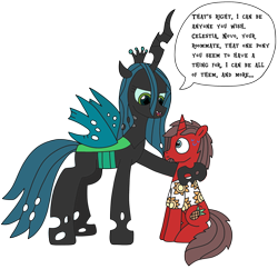 Size: 2407x2333 | Tagged: safe, artist:supahdonarudo, queen chrysalis, oc, oc:ironyoshi, changeling, changeling queen, pony, unicorn, g4, dialogue, duo, duo male and female, female, high res, hoof around neck, horn, insect wings, male, open mouth, open smile, simple background, sitting, smiling, speech bubble, spread wings, stallion, sweat, talking, text, transparent background, unicorn oc, wings