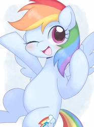 Size: 1523x2048 | Tagged: safe, artist:ginmaruxx, rainbow dash, pegasus, pony, g4, belly, blushing, cute, dashabetes, female, looking at you, mare, one eye closed, open mouth, open smile, smiling, smiling at you, solo, wings, wink, winking at you