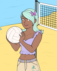 Size: 640x800 | Tagged: safe, artist:icicle-niceicle-1517, artist:toxiccolour, color edit, edit, flitter, human, g4, ball, beach, belly button, belt, bow, bra, bra strap, clothes, collaboration, colored, dark skin, female, hair bow, humanized, midriff, nail polish, net, ocean, open mouth, pole, sand, shorts, solo, sports, tank top, underwear, volleyball, volleyball net, water