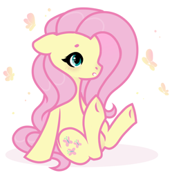 Size: 1280x1287 | Tagged: safe, artist:vi45, fluttershy, butterfly, pony, g4, blushing, female, floppy ears, leaning back, looking at something, mare, open mouth, simple background, sitting, solo, three quarter view, white background, wingless