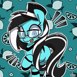 Size: 1500x1500 | Tagged: safe, artist:lou, oc, oc only, oc:purapoint, earth pony, pony, blue pony, cute, earth pony oc, glasses, happy, hat, looking at you, male, multicolored eyes, ocbetes, raised hoof, solo, stallion, top hat