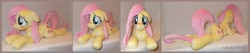 Size: 4540x968 | Tagged: safe, artist:calusariac, fluttershy, pony, g4, blushing, floppy ears, irl, lying down, photo, plushie, prone, solo