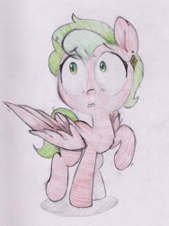 Size: 1787x2375 | Tagged: safe, artist:foxtrot3, oc, oc only, oc:dainty delight, pegasus, pony, ear piercing, earring, female, green eyes, green mane, jewelry, mother, nervous, piercing, solo, traditional art, twitching