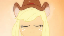 Size: 3410x1920 | Tagged: safe, screencap, applejack, human, equestria girls, g4, my little pony equestria girls, cowboy hat, eyes closed, fall formal outfits, female, hat, high res, ponied up, solo