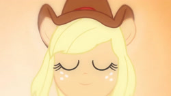 Size: 3410x1920 | Tagged: safe, screencap, applejack, human, equestria girls, g4, my little pony equestria girls, cowboy hat, eyes closed, fall formal outfits, female, hat, high res, ponied up, smiling, solo