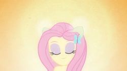 Size: 3410x1920 | Tagged: safe, screencap, fluttershy, human, equestria girls, g4, my little pony equestria girls, bare shoulders, eyes closed, female, hairpin, high res, ponied up, sleeveless, smiling, solo, strapless