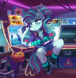 Size: 4019x4096 | Tagged: safe, artist:saxopi, oc, oc only, pegasus, semi-anthro, arcade, arm hooves, chips, clothes, controller, doritos, food, socks, solo, striped socks
