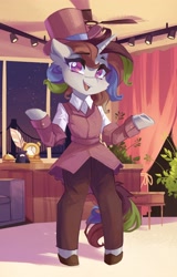 Size: 2618x4096 | Tagged: safe, artist:saxopi, oc, oc only, unicorn, semi-anthro, arm hooves, bridge, ceiling fan, ceiling light, chair, clothes, inkwell, quill, solo, window