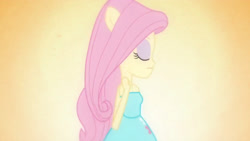 Size: 3410x1920 | Tagged: safe, screencap, fluttershy, human, equestria girls, g4, my little pony equestria girls, bare shoulders, clothes, cutie mark on clothes, eyes closed, fall formal outfits, female, high res, ponied up, sleeveless, solo, strapless