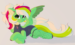 Size: 1836x1094 | Tagged: safe, artist:little-sketches, oc, oc only, oc:gumdrops, pegasus, pony, beige background, clothes, collar, colored ear fluff, colored hooves, colored wings, ear fluff, ear piercing, earring, female, fishnet stockings, freckles, green coat, green eyes, heart, heart collar, heart earring, jewelry, looking at you, lying down, mare, multicolored wings, pegasus oc, piercing, simple background, smiling, smiling at you, solo, spread wings, swimsuit, tail, two toned tail, wings