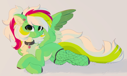 Size: 1836x1094 | Tagged: safe, artist:little-sketches, oc, oc only, oc:gumdrops, pegasus, pony, beige background, chest fluff, clothes, collar, colored ear fluff, colored hooves, colored wings, ear fluff, ear piercing, earring, female, fishnets, freckles, green coat, green eyes, heart, heart collar, heart earring, jewelry, looking at you, lying down, mare, multicolored wings, pale belly, pegasus oc, piercing, simple background, smiling, smiling at you, solo, spread wings, tail, two toned tail, wings