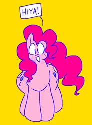 Size: 744x1013 | Tagged: safe, artist:qoolguy, pinkie pie, earth pony, pony, g4, blushing, dialogue, looking at you, simple background, solo, speech bubble, text, wide hips, yellow background