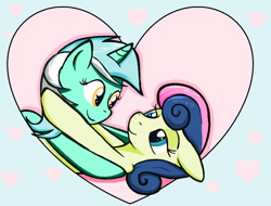 Size: 1264x960 | Tagged: safe, artist:sallycars, bon bon, lyra heartstrings, sweetie drops, earth pony, pony, unicorn, g4, female, heart, hug, lesbian, looking at each other, looking at someone, mare, ship:lyrabon, shipping