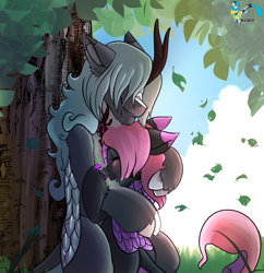 Size: 1161x1200 | Tagged: safe, artist:brainiac, oc, oc only, oc:december, oc:love letters, kirin, collar, cuddling, cute, face in floof, female, hug, leaves, male, mare, ocbetes, shipping, snuggling, solo, stallion, tree, under the tree