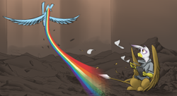 Size: 3286x1793 | Tagged: safe, artist:sinrar, gilda, rainbow dash, griffon, pegasus, pony, g4, rainbow trail