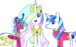 Size: 500x307 | Tagged: safe, artist:ewxep, princess cadance, princess celestia, queen chrysalis, shining armor, alicorn, changeling, changeling queen, pony, unicorn, canterlot wedding 10th anniversary, g4, clothes, colored pencil drawing, dress, fake, fake cadance, faker than a three dollar bill, female, lowres, male, simple background, traditional art, trio, uniform, wedding dress, white background