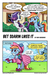 Size: 2100x3150 | Tagged: safe, artist:pony-berserker, rainbow dash, rarity, pegasus, pony, unicorn, g4, wonderbolts academy, annoyed, clothes, comic, dress, dressage, female, hat, high res, implied shipping, implied soarindash, implied spitfire, implied straight, male, mare, offscreen character, offscreen male, peeved, puffy sleeves, punishment, rainbow dash always dresses in style, sad, speech bubble, tomboy taming