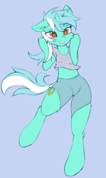 Size: 589x988 | Tagged: safe, artist:fajeh, lyra heartstrings, pony, unicorn, semi-anthro, g4, arm hooves, bipedal, blue background, blushing, cheek fluff, clothes, female, heart, heart eyes, mare, pants, shirt, shorts, simple background, smiling, solo, surprised, t-shirt, wingding eyes