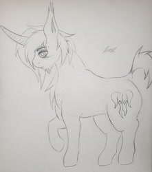 Size: 2632x2972 | Tagged: safe, artist:teardrop, oc, oc only, oc:issac negrioxis, pony, unicorn, high res, male, monochrome, muscles, short tail, solo, stallion, tail, traditional art