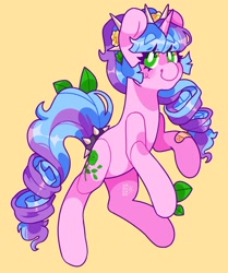 Size: 2259x2699 | Tagged: safe, artist:cocopudu, oc, oc only, pony, unicorn, bandaid, commission, female, high res, leaves, mare, simple background, smiling, solo, yellow background