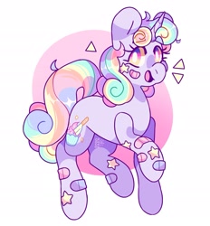 Size: 2521x2717 | Tagged: safe, artist:cocopudu, oc, oc only, pony, unicorn, abstract background, bandaid, commission, female, high res, mare, multicolored hair, open mouth, open smile, rainbow hair, smiling, solo, white background