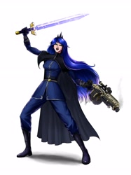 Size: 3946x5262 | Tagged: safe, artist:guyser3, princess luna, human, g4, absurd resolution, cape, clothes, female, frown, gun, humanized, open mouth, primarch, shadow, simple background, solo, sword, warhammer (game), warhammer 40k, weapon, white background