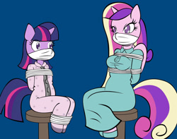 Size: 1280x1010 | Tagged: safe, artist:reimon-master-ii, princess cadance, twilight sparkle, alicorn, unicorn, anthro, g4, babysitting, big breasts, bondage, bound and gagged, bound wings, breasts, busty princess cadance, cloth gag, clothes, colored pupils, footed sleeper, footie pajamas, gag, help us, nightgown, onesie, over the nose gag, pajamas, sisters-in-law, sleepover, slippers, slumber party, tied to chair, tied up, wings