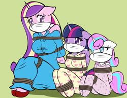 Size: 1280x988 | Tagged: safe, artist:reimon-master-ii, princess cadance, princess flurry heart, twilight sparkle, alicorn, anthro, g4, ass, big breasts, bondage, bound and gagged, bound wings, breasts, busty princess cadance, busty twilight sparkle, butt, cloth gag, clothes, colored pupils, footed sleeper, footie pajamas, gag, help us, knee tied, nightgown, older, onesie, over the nose gag, pajamas, sleepover, slippers, slumber party, tied up, twilight sparkle (alicorn), wings