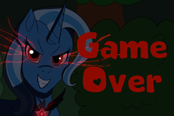 Size: 1620x1080 | Tagged: safe, artist:lullabyjak, trixie, pony, unicorn, g4, magic duel, alicorn amulet, bad end, commission, dark background, evil eyes, evil grin, evil trixie, female, game over, glare, glowing, glowing eyes, grin, looking at you, mare, nightmare fuel, red eyes, smiling, smirk, solo