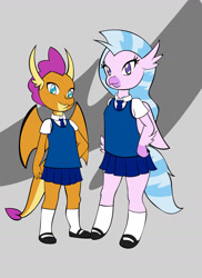 Size: 1280x1758 | Tagged: safe, artist:reimon-master-ii, silverstream, smolder, dragon, hippogriff, anthro, g4, clothes, cute, diastreamies, dragon tail, dragoness, duo, female, happy, looking at you, miniskirt, school uniform, skirt, smiling, smiling at you, smolderbetes, tail, uniform, wings