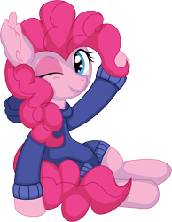 Size: 5742x7392 | Tagged: safe, artist:cyanlightning, pinkie pie, earth pony, pony, .svg available, absurd resolution, clothes, female, hoodie, looking at you, mare, one eye closed, simple background, smiling, solo, transparent background, vector, wink