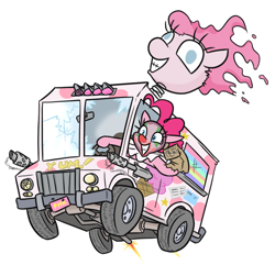 Size: 668x645 | Tagged: safe, artist:jargon scott, pinkie pie, earth pony, pony, g4, bag, clown, clown nose, female, grin, gun, hand puppet, ice cream truck, machine gun, mare, paper bag, red nose, simple background, smiling, solo, sweet tooth (twisted metal), truck, twisted metal, weapon, white background