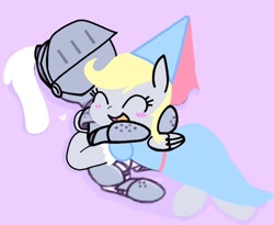 Size: 692x567 | Tagged: safe, artist:darlycatmake, edit, edited screencap, screencap, derpy hooves, pegasus, pony, g4, blushing, clothes, dress, dressup, eyes closed, happy, hat, heart, hennin, hug, hugging a pony, knight, knight rescues the princess, masked, open mouth, princess, princess derpy, purple background, rescue, save derpy, simple background, smiling, unknown pony