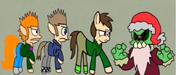 Size: 703x301 | Tagged: safe, artist:darlycatmake, earth pony, pony, undead, zombie, angry, battlefield, beast, edd gould (eddsworld), eddsworld, friday night funkin', glare, looking at each other, looking at someone, matt (eddsworld), ponified, ready to fight, reference, reference to another series, serious, serious face, tom (eddsworld), who would win, zanta