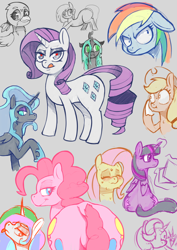 Size: 2480x3508 | Tagged: safe, artist:wild-thunder06, applejack, fluttershy, gabby, nightmare moon, pinkie pie, princess celestia, queen chrysalis, rainbow dash, rarity, starlight glimmer, twilight sparkle, alicorn, changeling, changeling queen, earth pony, griffon, pegasus, pony, unicorn, balloonbutt, butt, ethereal mane, eyeshadow, female, floppy ears, folded wings, frown, gray background, high res, lidded eyes, makeup, mare, plot, raised hoof, reading, simple background, sketch, smiling, sweat, tongue out, twibutt, twilight sparkle (alicorn), wings