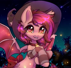 Size: 4000x3800 | Tagged: safe, artist:radioaxi, oc, oc only, oc:velvet silverwing, bat pony, pony, bat pony oc, bat wings, female, hat, high res, looking at you, mare, smiling, smiling at you, solo, wings, witch hat