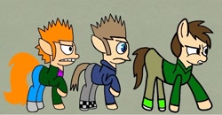 Size: 720x373 | Tagged: safe, artist:darlycatmake, pony, angry, edd gould (eddsworld), eddsworld, fight, friday night funkin', glare, looking at someone, looking at something, male, matt (eddsworld), ponified, ready to fight, reference, reference to another series, serious, serious face, stop right there criminal scum, tom (eddsworld), trio, trio male, wtf, wtf face