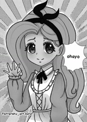 Size: 816x1131 | Tagged: source needed, safe, artist:fluttershy_art.nurul, fluttershy, human, equestria girls, g4, black and white, clothes, dress, good morning, grayscale, manga, monochrome